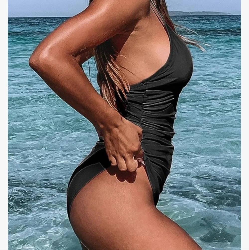 Sexy black one‎ piece v neck adjustable straps shirring hides tummy SZ M black